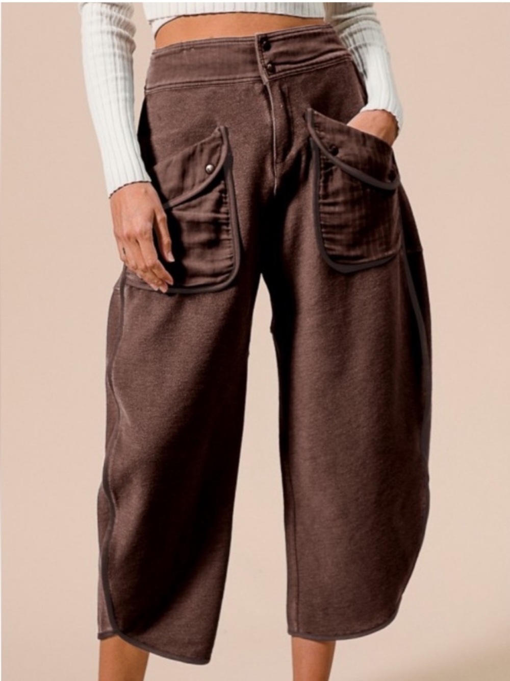 BiBi Brown Barrel Cargo Pants with Flap Pockets - Washed Terry Fabric- sz Large